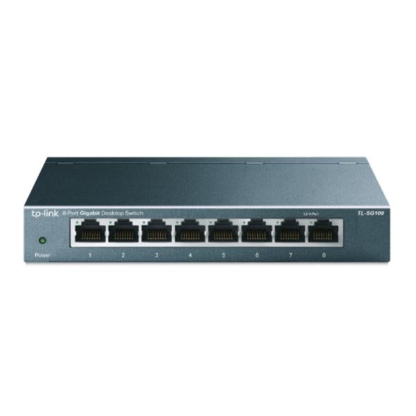 SWITCH TP LINK 8 PUERTOS TL-SG108 pequeño switch de escritorio con 8 puertos Ethernet metálico, vista frontal de conectores