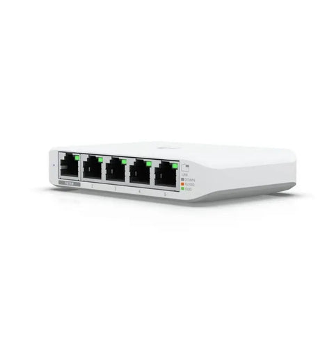 Switch UniFi FLEX 5 puertos PoE, con 1 puerto PoE de entrada y 4 puertos PoE de salida, ideal para redes empresariales.
