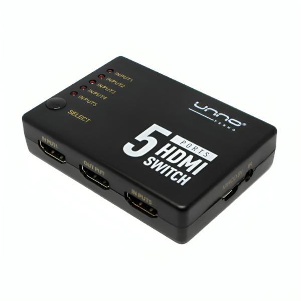 SWITCH UNNO TEKNO HDMI 5 PUERTOS HB1203BK - vista del selector HDMI 5 puertos negro con entradas y botón Select