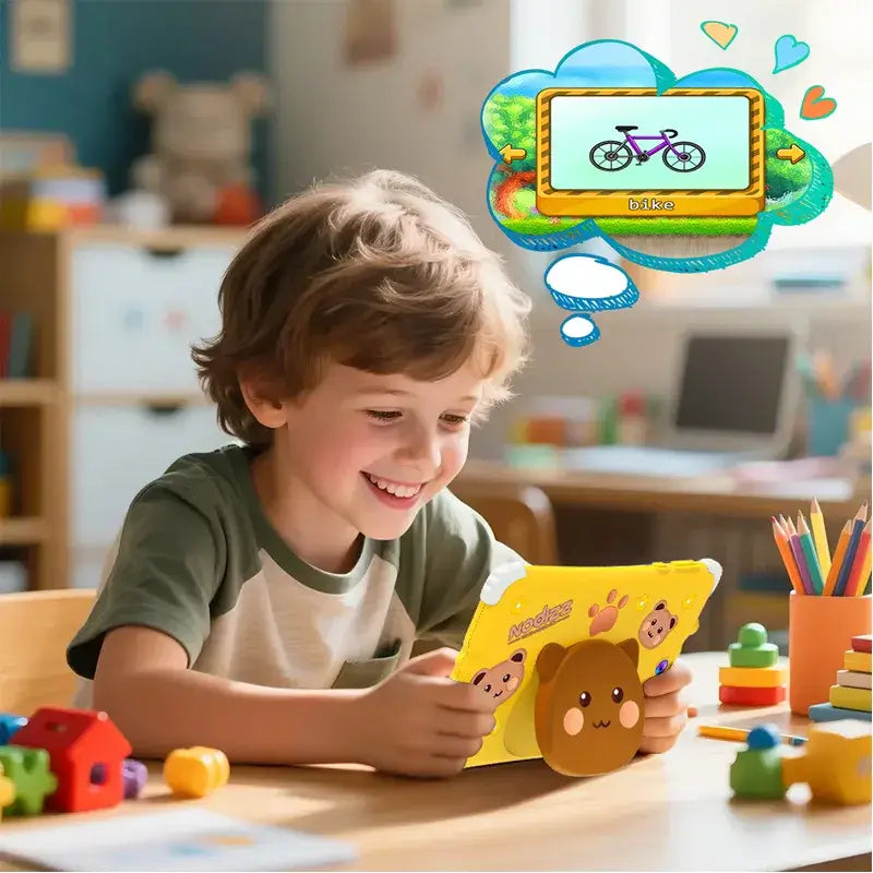 Niño disfrutando de la tablet para niños Nodizz Npad732 mientras juega y aprende en una mesa colorida.
