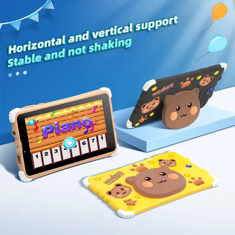 tablet para niños Nodizz Npad732 con soporte horizontal y vertical, estable y sin temblores.