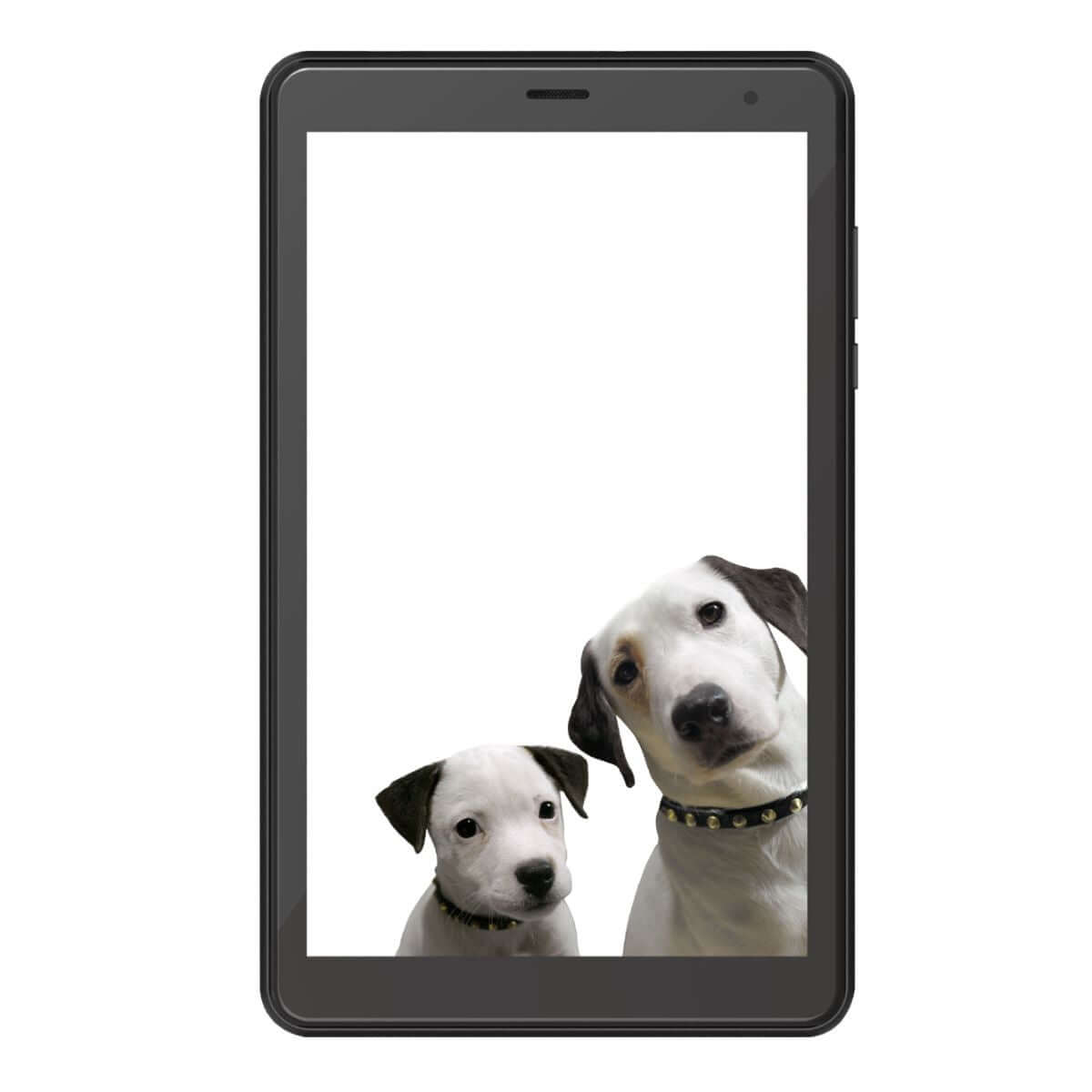Tablet RCA 8 pulgadas 3G mostrando perros en la pantalla, ideal para trabajo y entretenimiento.