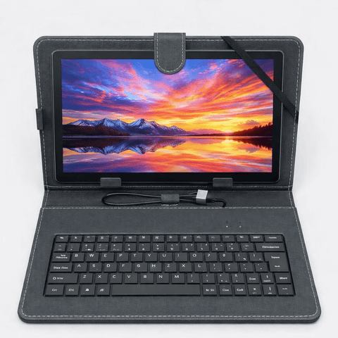 Tablet RCA Android 4G LTE 10 pulgadas con teclado y pantalla brillante, ideal para trabajo y entretenimiento.