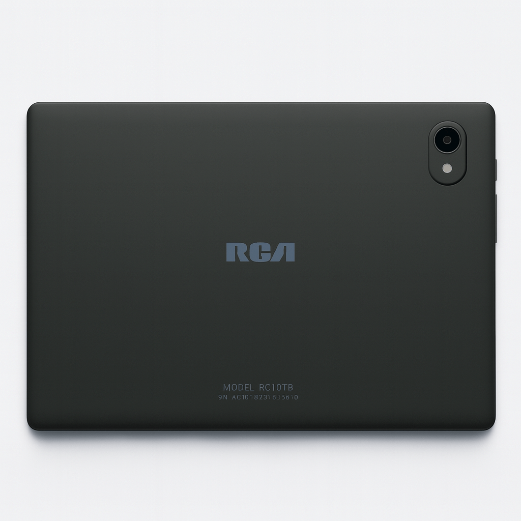 Tablet RCA Android 4G liquidación vista trasera con logotipo en color negro.