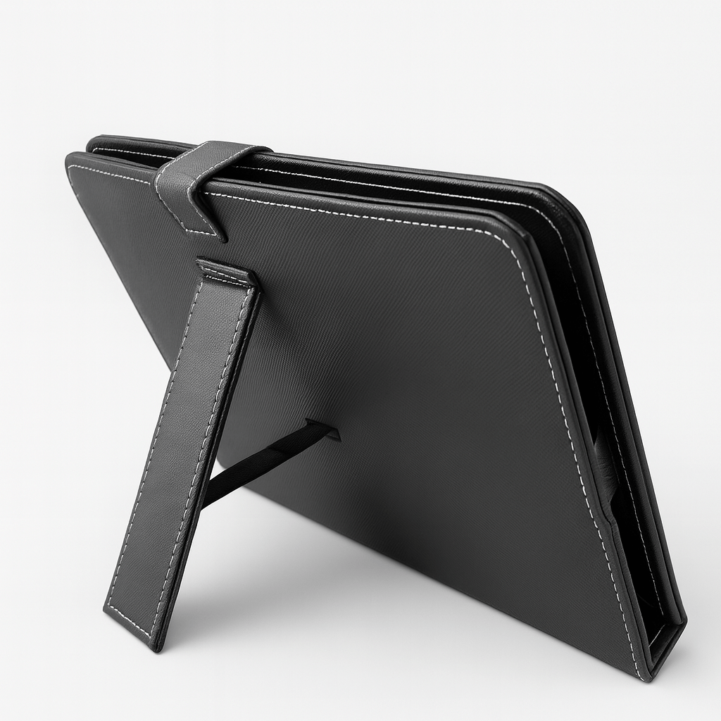 Funda negra para tablet RCA Android 4G, soporte incluido, ideal para protección y uso práctico.