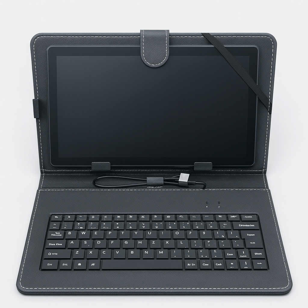 Tablet RCA Android 4G liquidación con teclado incluido en funda protectora, vista frontal, pantalla apagada.