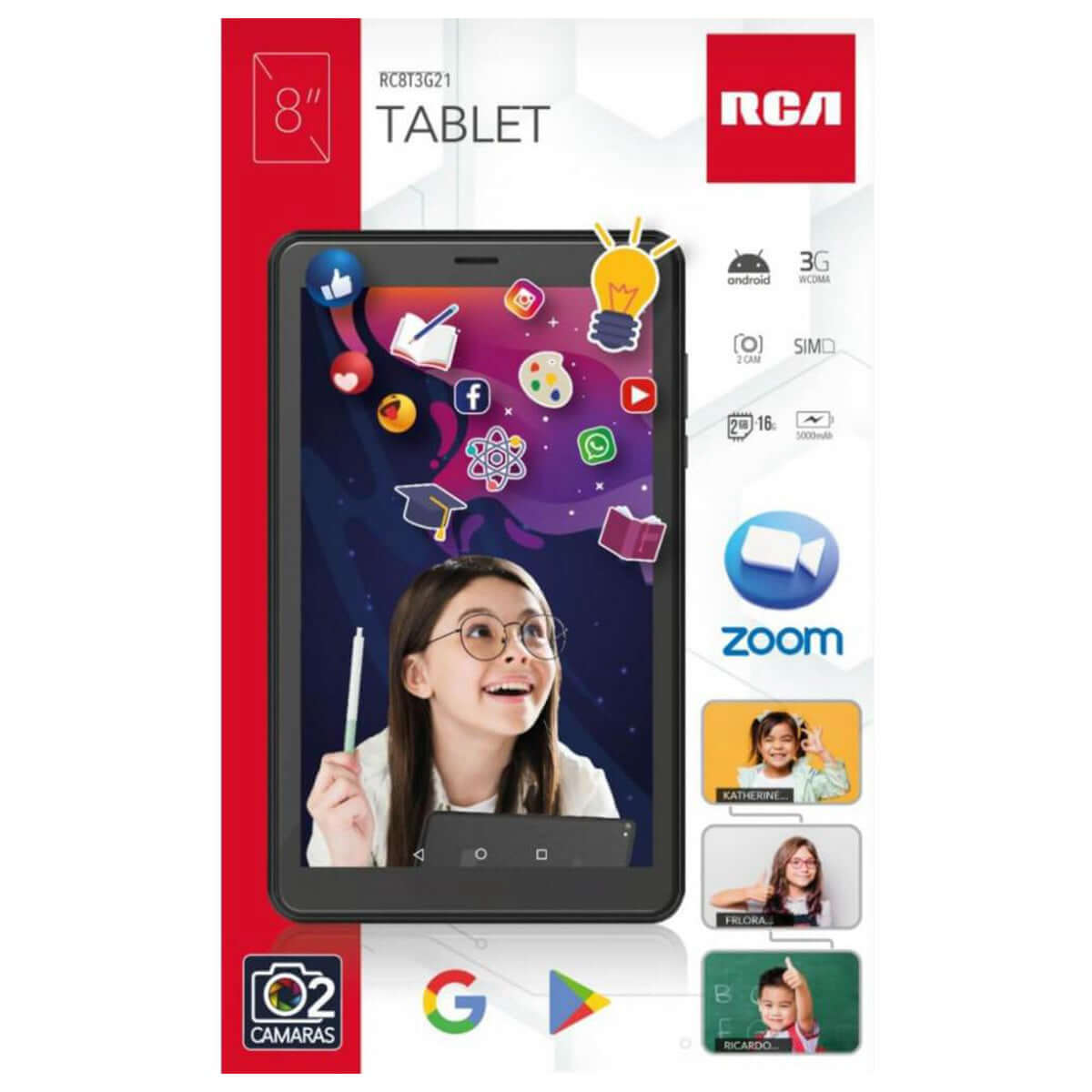 Tablet RCA 8 pulgadas 3G en su empaque, ideal para entretenimiento y productividad.
