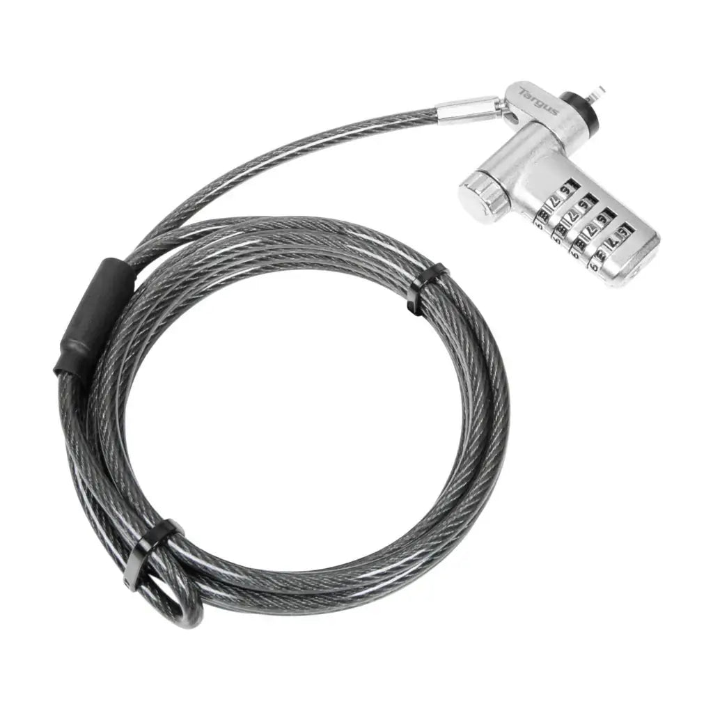 Candado de cable Targus con combinación de 4 dígitos y cable de seguridad para proteger computadoras.