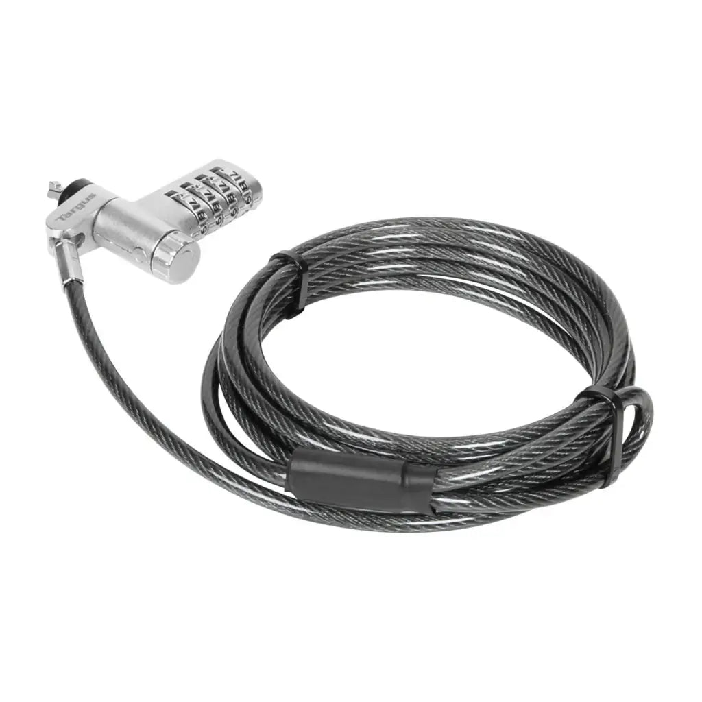 Candado de cable Targus con combinación de 4 dígitos y cable resistente para proteger dispositivos electrónicos.