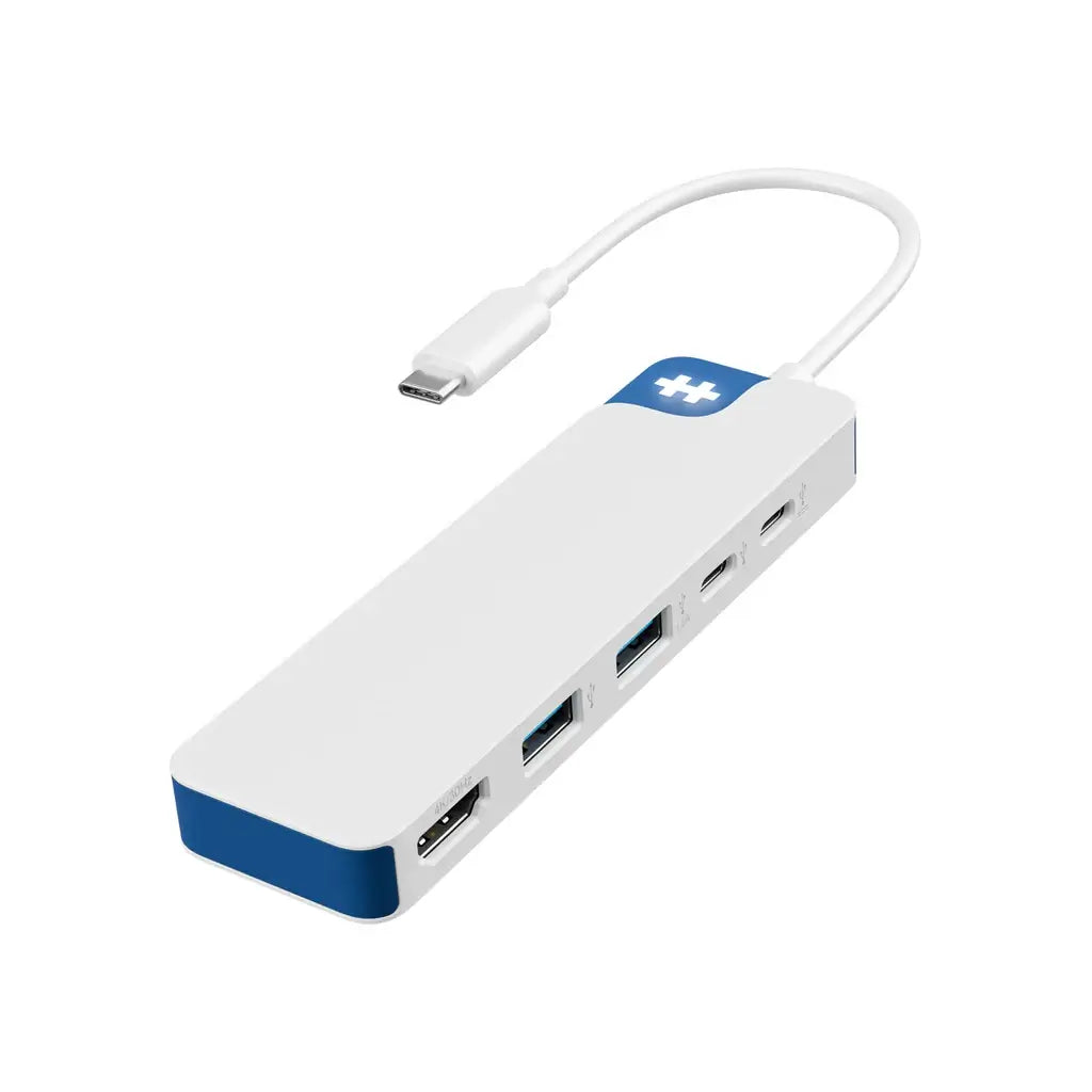 Hub USB-C 5 puertos Targus en color blanco, compacto y multifuncional para expandir conectividad.