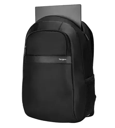 Mochila Targus Safire Plus 15,6 pulgadas negra con laptop en su interior, ideal para transporte seguro y estilo.