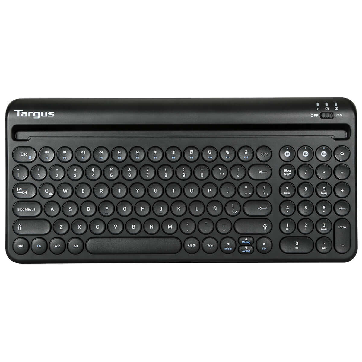 Teclado Bluetooth antimicrobiano multidispositivo de Targus con soporte para tabletas y teléfonos.