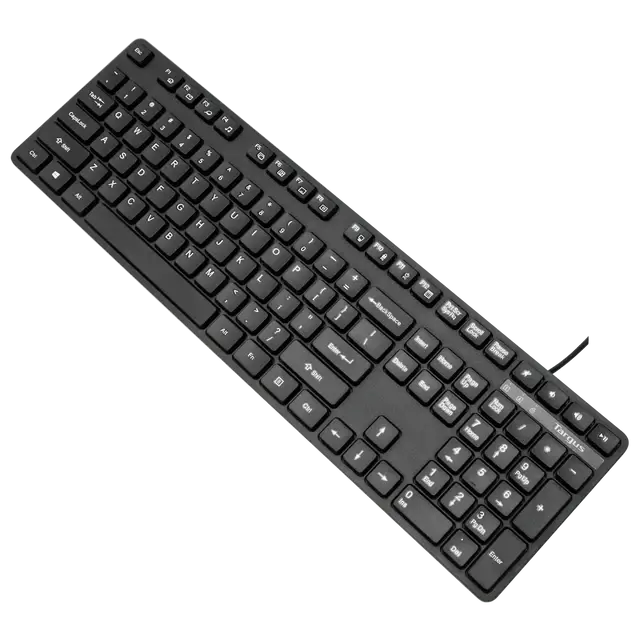 Teclado USB Targus cableado en color negro con conexión USB, ideal para PC y Macs.