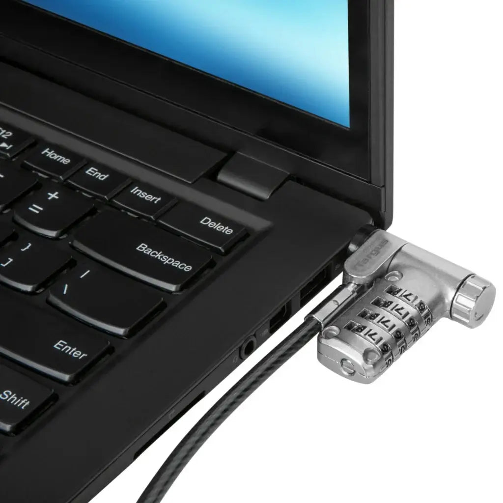 candado de cable Targus asegurando un laptop en la oficina con un diseño seguro y práctico.