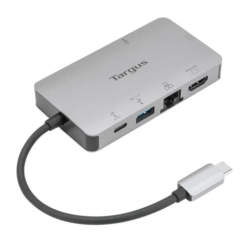 Docking station USB-C HDMI VGA Targus en color plata con múltiples puertos y conexión USB-C.