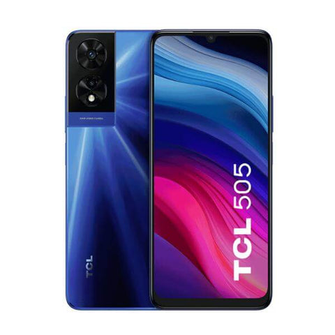 Celular TCL 505S dual SIM 256GB en color azul, con pantalla de 6.75 pulgadas y cámaras dobles.