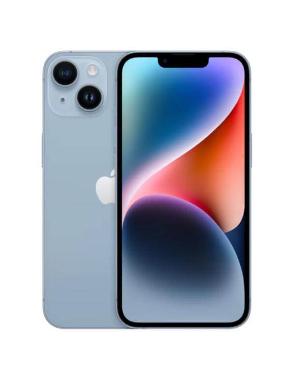 TELEFONO APPLE IPHONE 14 128GB (IND SPECS) - vista frontal y trasera en azul con pantalla Super Retina XDR y doble cámara