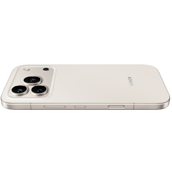 Teléfono celular HONOR 600 PRO dorado con cámara triple y diseño elegante, pantalla AMOLED 6.57 pulgadas, batería 7000mAh, carga rápida.
