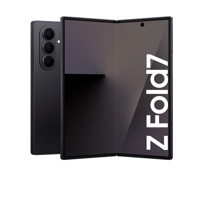 Teléfono celular Galaxy Z Fold 7 mostrando la pantalla principal y posterior con diseño elegante.