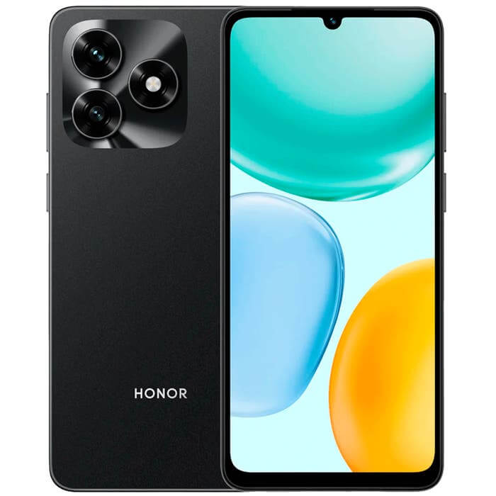 Teléfono celular Honor X5C 4GB+128GB teléfono negro vista frontal y trasera pantalla 6.56" 90Hz y batería 5200mAh