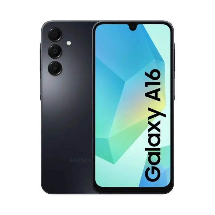 Alt Tag: Teléfono Celular Galaxy A16 8Gb/256Gb Black - Vista frontal y trasera del smartphone negro con pantalla Super AMOLED y triple cámara 50MP