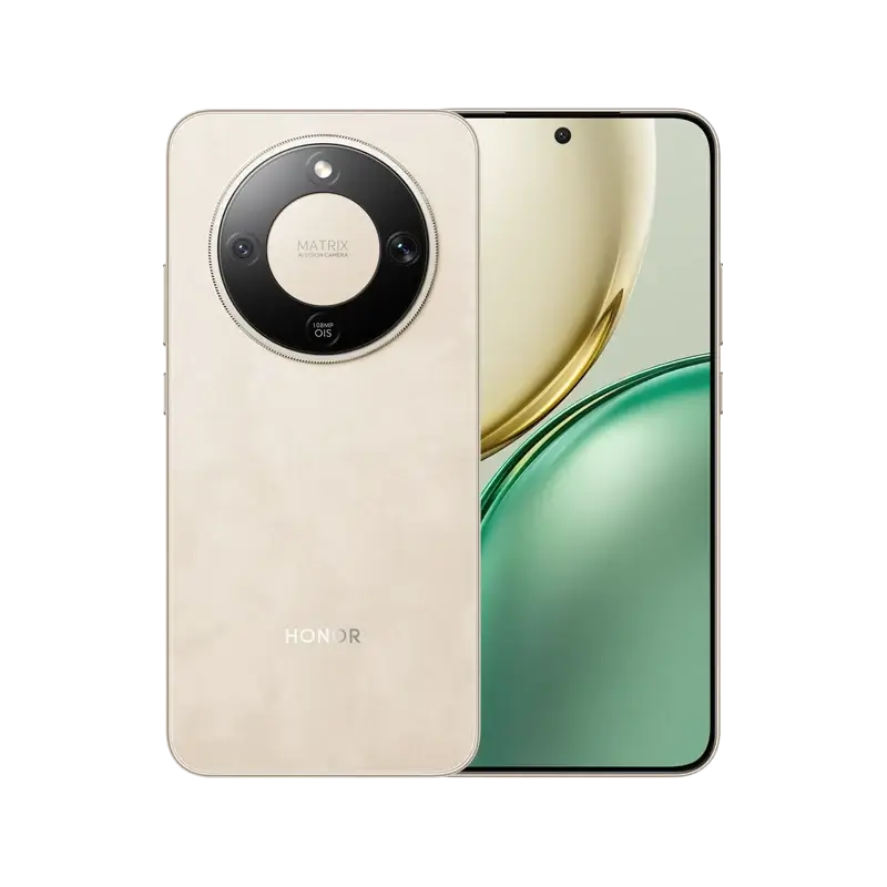 Teléfono celular Honor Magic 8 Lite 8GB+256GB Sunrise Gold en color dorado, vista frontal y trasera con cámara 108MP y pantalla curva AMOLED 120Hz