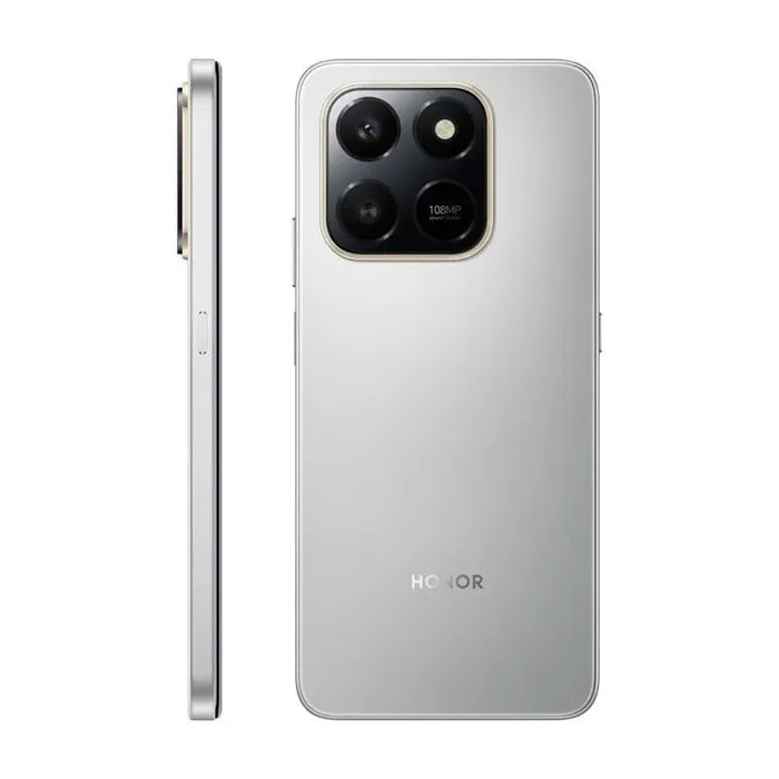 Teléfono celular Honor X7d 8GB+256GB Meteor Silver vista trasera y lateral plata con cámara 108MP y diseño delgado