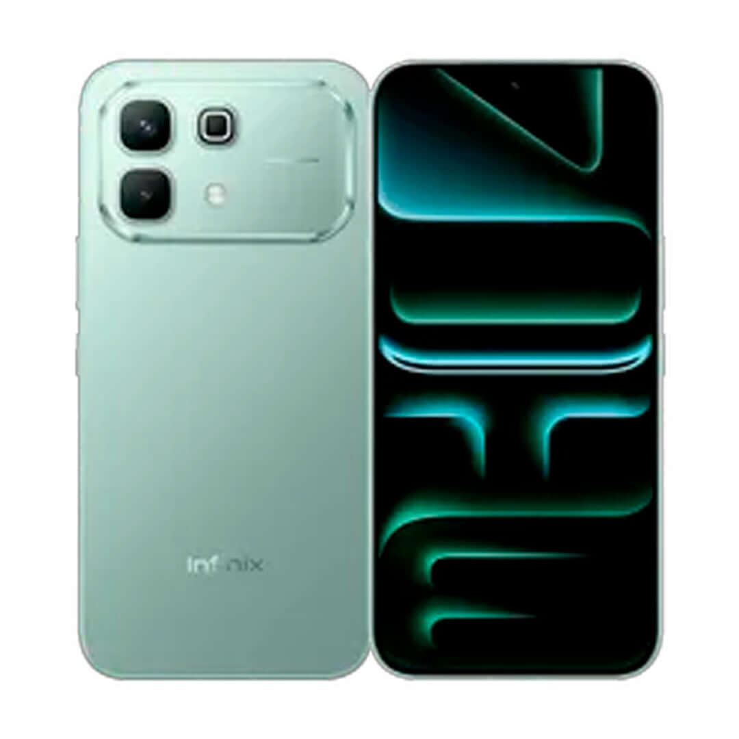 Teléfono Infinix Note 60 256GB mostrando su diseño trasero y frontal, color verde.