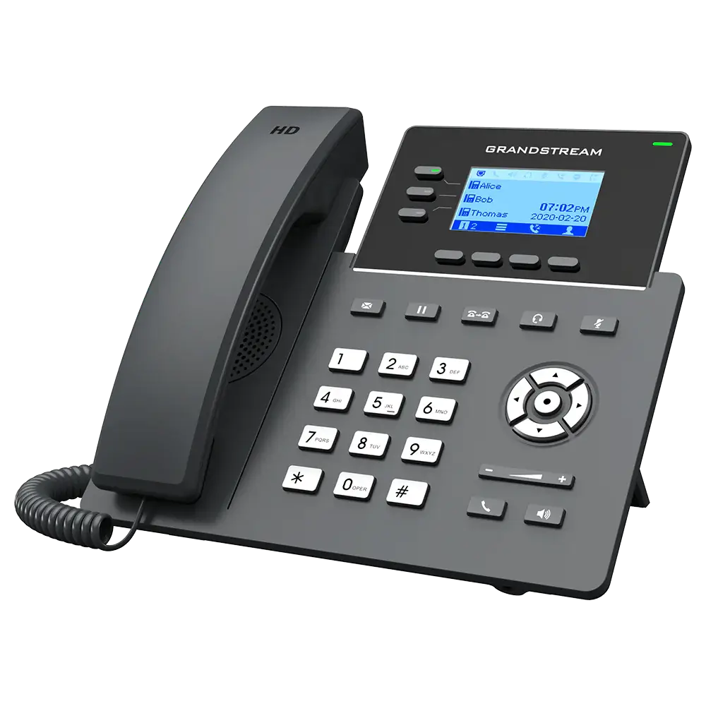 Teléfono IP 3 líneas de Grandstream con pantalla a color y teclado numérico.
