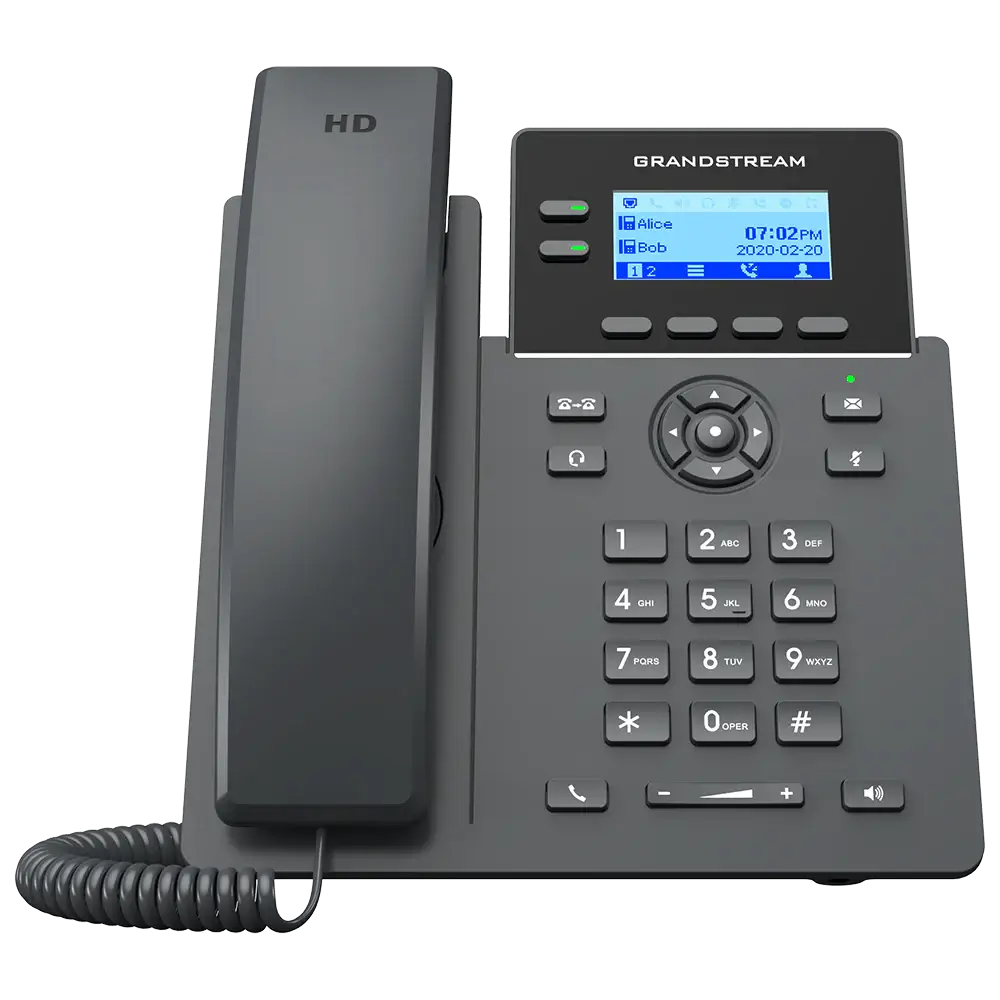 Teléfono IP 2 líneas PoE compacto de Grandstream, ideal para empresas, manejo eficiente de llamadas.