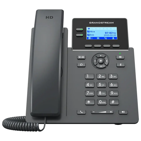 Teléfono IP 2 líneas PoE compacto de Grandstream, ideal para empresas, manejo eficiente de llamadas.