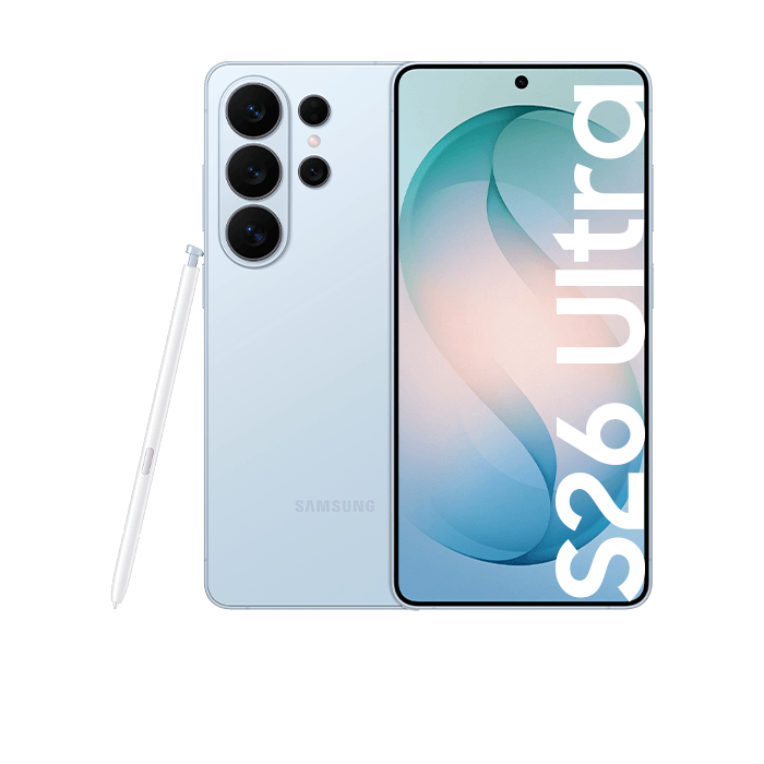 Teléfono Samsung S26 Ultra 12+512GB con diseño elegante y S Pen integrado en color blanco.