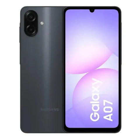 Teléfono Samsung Galaxy A07 4GB 128GB negro con pantalla Infinity-V y diseño moderno.