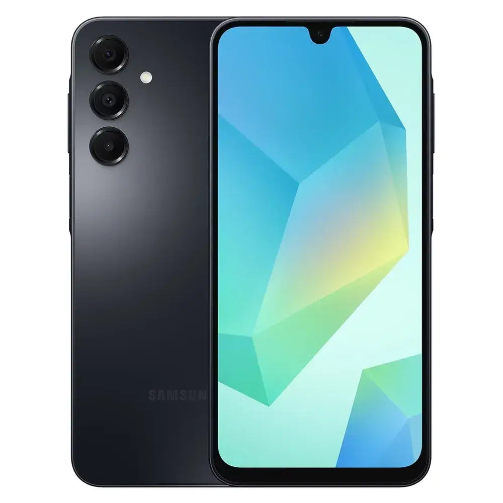 Teléfono Samsung Galaxy A16 4GB 128GB en color negro, con pantalla Super AMOLED de 6.7 pulgadas.