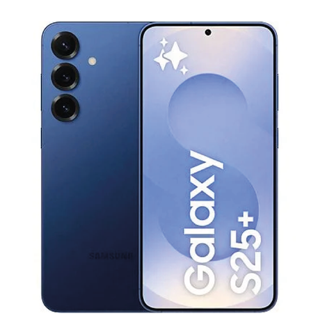 Teléfono Samsung Galaxy S25 Plus 5G navy con pantalla y diseño elegante.