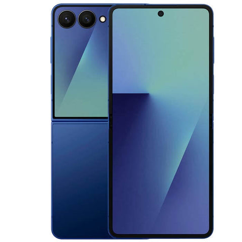 Teléfono Samsung Galaxy Z Flip 7 diseño compacto en color Blue Shadow, ideal para capturar contenido.