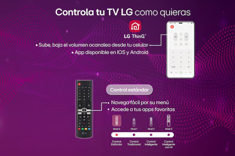 Control remoto y app de LG ThinQ para manejar el televisor LG Televisor 55" Smart - 55NU850BPSA desde el móvil, compatible con iOS y Android.