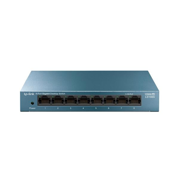 SWITCH TP LINK 8 PUERTOS LS108G frontal view of 8-port Gigabit desktop network switch with metal case and RJ45 ports