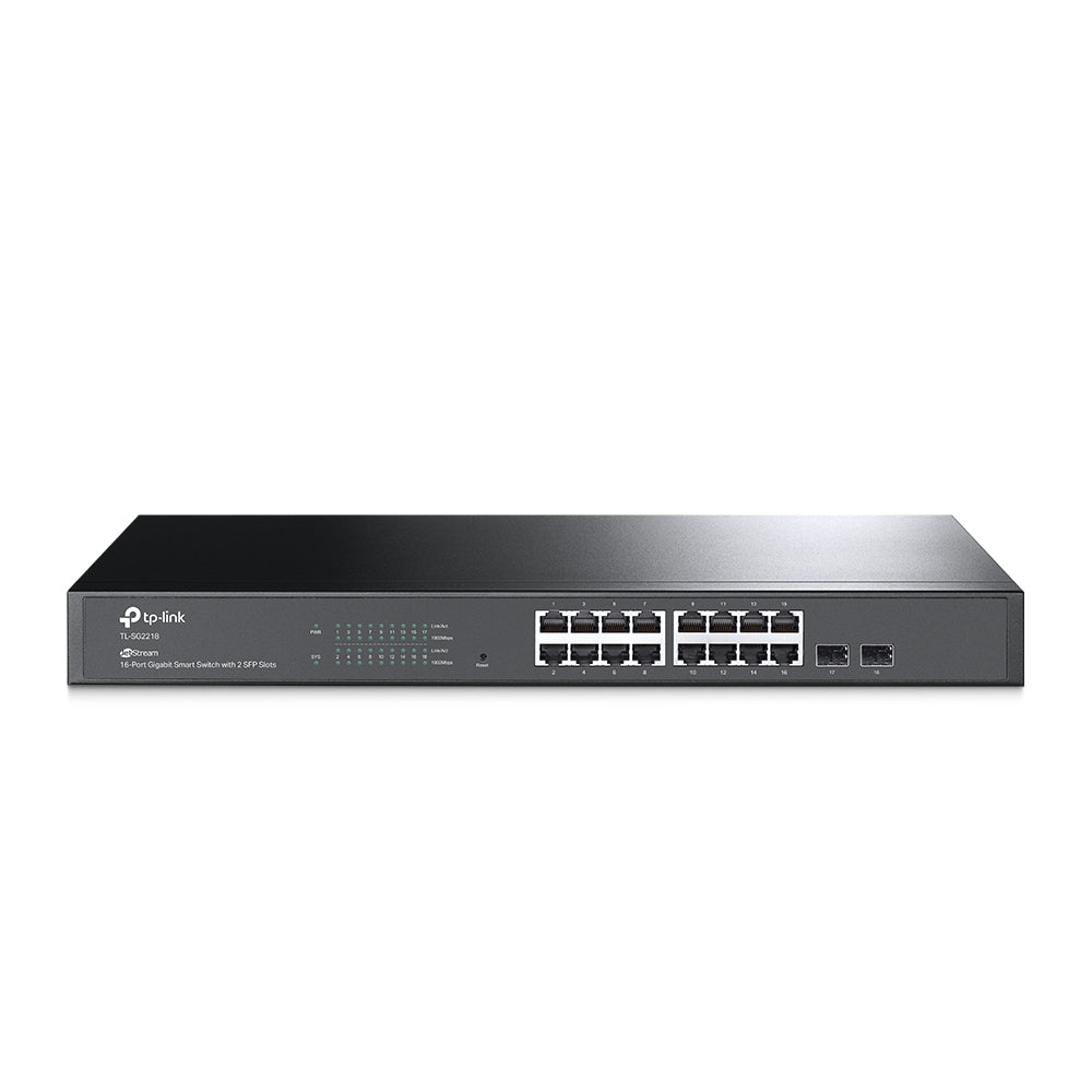 TP-link switch smart omada jet stream de 16 puertos gigabit con 2 ranuras SFP-TL-SG2218 frontal con 16 puertos RJ45 y 2 ranuras SFP en rack