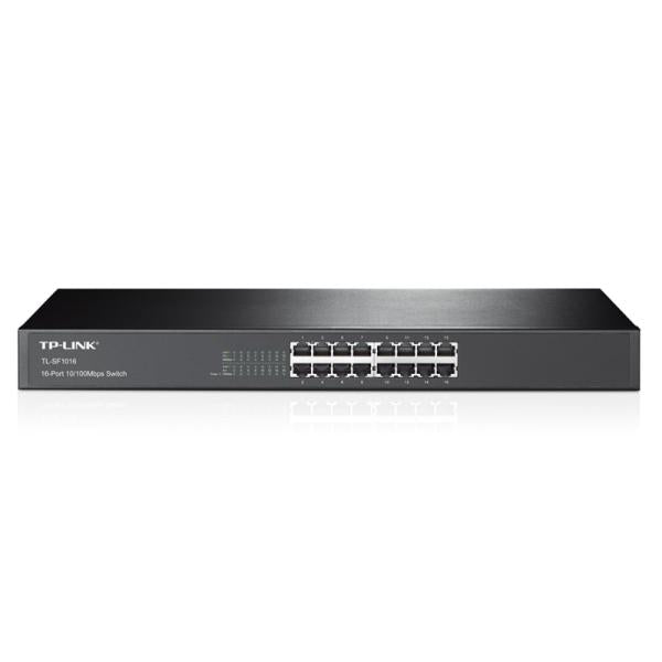 SWITCH TP LINK 16 PUERTOS 10/100M 13" TL-SF1016 frente negro con 16 puertos Ethernet en rack 13 pulgadas