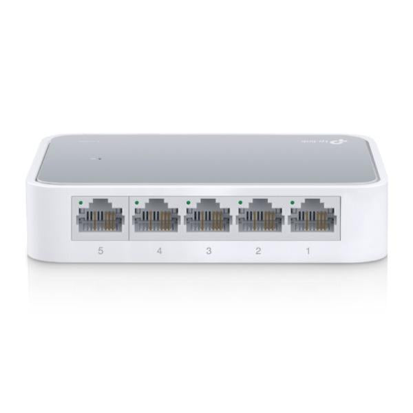 SWITCH TP LINK 5 PUERTOS 10/100 TL-SF1005D blanco vista frontal con 5 puertos RJ45