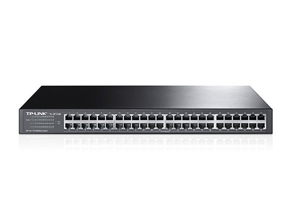 SWITCH TP LINK TL  48 PORT 10/100 SF1048 front view showing all 48 ports in metal rackmount chassis