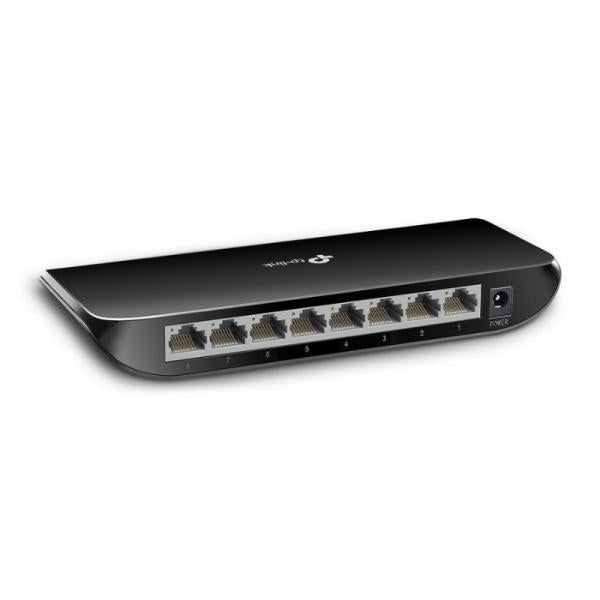 SWITCH TP LINK 8 PORT 10/100/1000 TL-SG1008D black desktop gigabit switch showing eight RJ45 ports and power input