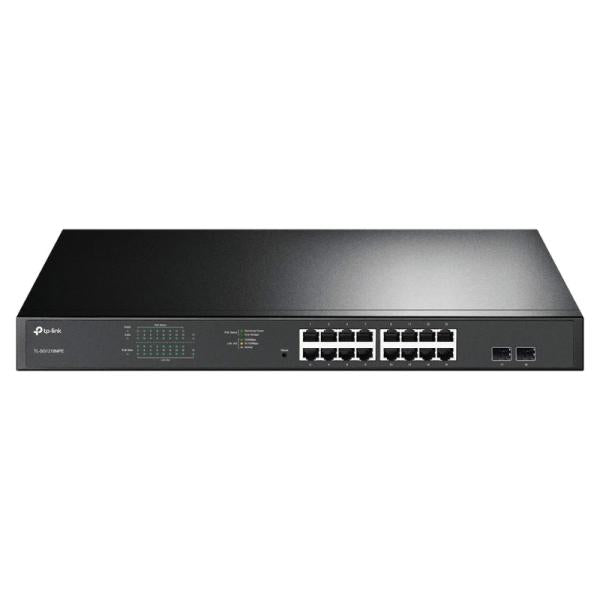 SWITCH TP LINK 18 PUERTOS GIGABIT EASY SMART CON 16 PORT POE+  TL-SG1218MPE frontal view with 16 PoE+ ports and 2 SFP uplinks