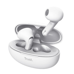 Audífonos bluetooth con cancelación de ruido Trust blancos con estuche de carga, diseño intraaural y tecnología avanzada, modelo 25173.