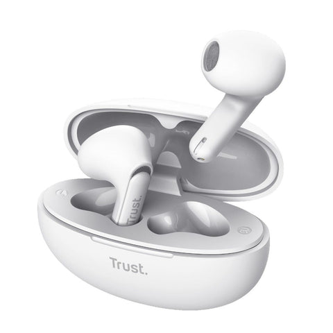 Audífonos bluetooth con cancelación de ruido Trust blancos con estuche de carga, diseño intraaural y tecnología avanzada, modelo 25173.