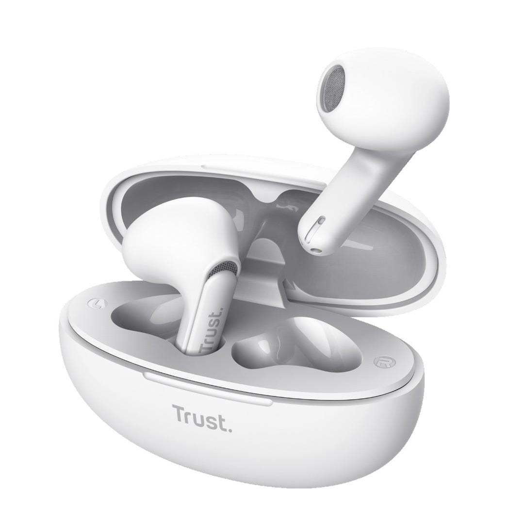 Audífonos bluetooth con cancelación de ruido Trust blancos con estuche de carga, diseño intraaural y tecnología avanzada, modelo 25173.