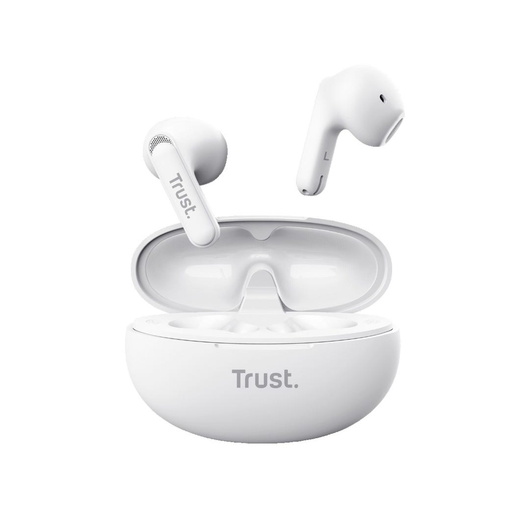 Audífonos bluetooth con cancelación de ruido Trust en color blanco, intraaurales, con estuche de carga abierto.