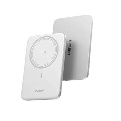 POWER BANK UGREEN PB580 5000MAH QI2 15W USB-C 20W in white, featuring Qi wireless charging and USB-C port.