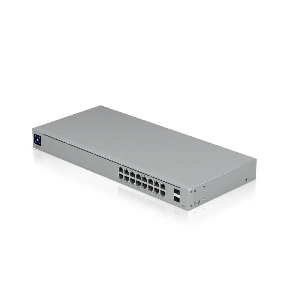 UniFi Switch USW-16-POE Gen2, Capa 2 de 16 puertos (8 puertos PoE 802.3af/at + 8 puertos Gigabit) + 2 puertos 1G SFP, 42W - switch gris con 8 puertos PoE y 8 Gigabit